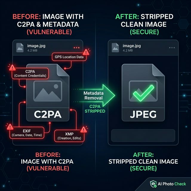 Before and after C2PA metadata removal showing metadata tags being stripped