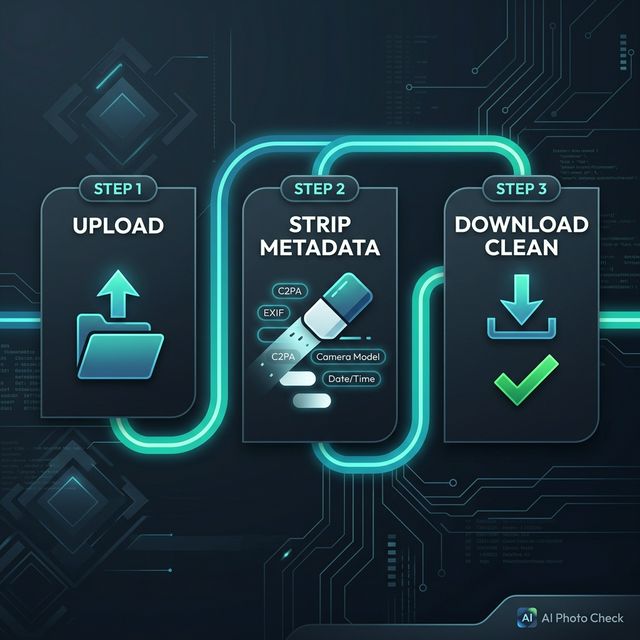 3-step workflow for C2PA metadata removal: Upload, Strip, Download