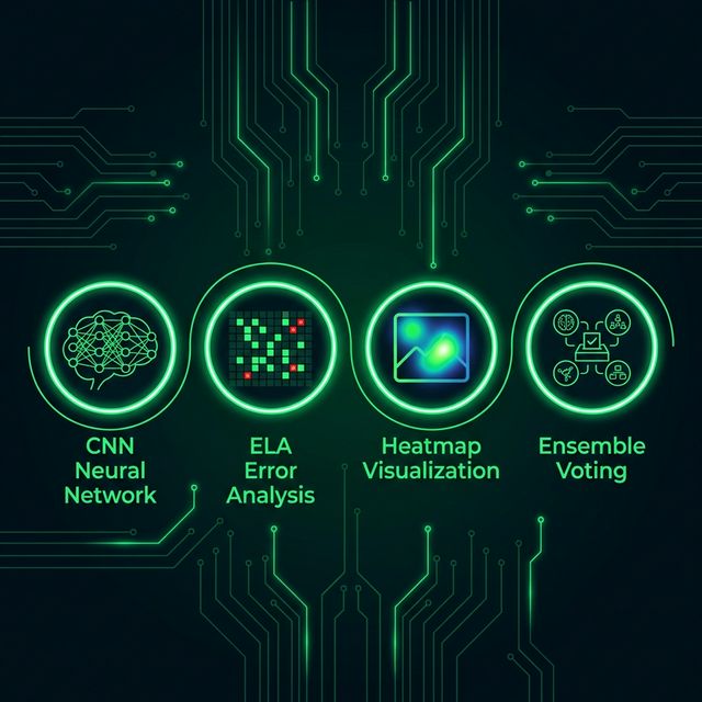 Our 4 detection methods: CNN Neural Network, ELA Error Analysis, Heatmap Visualization, and Ensemble Voting