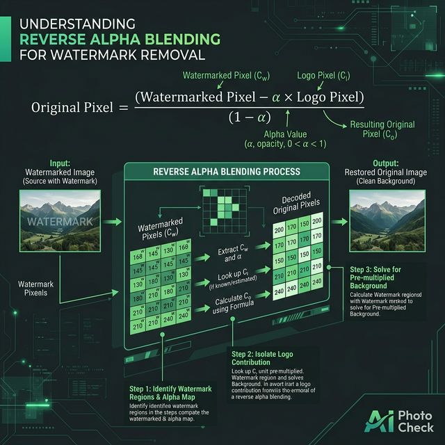 Reverse Alpha Blending formula visualization for Gemini watermark removal