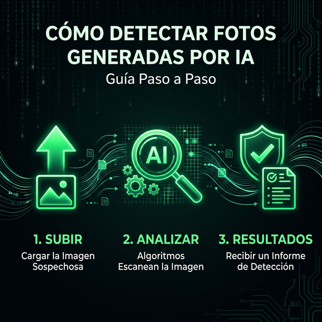 3 pasos para detectar imágenes IA - Subir, Analizar, Resultados