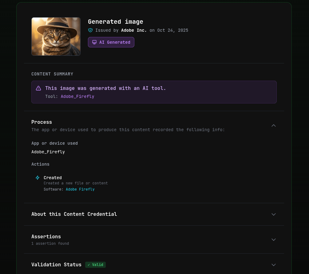 C2PA Checker tool showing Adobe Firefly AI-generated image with content credentials, issuer verification, and digital source type